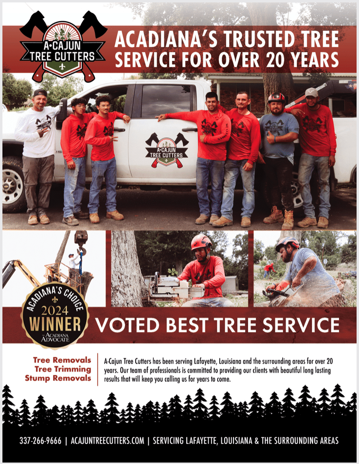 A Cajun Tree Cutters award feature in Acadiana Advocate Magazine for best tree service